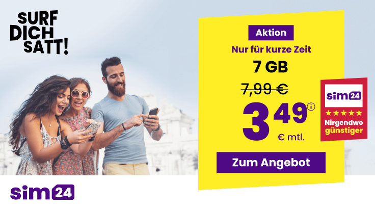 Preiskracher 7 GB Tarife: SIM24 7 GB All-In-Flat f�r mtl. 3,49 Euro