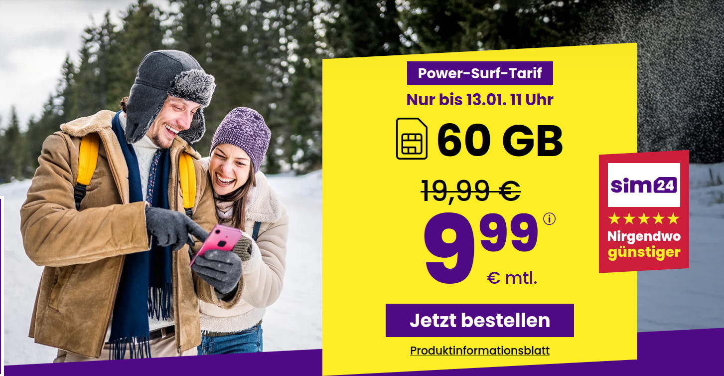 Tariftipp 60 GB Handytarife: SIM24 60 GB All-In-Flat f�r 9,99 Euro mit mtl. Laufzeit