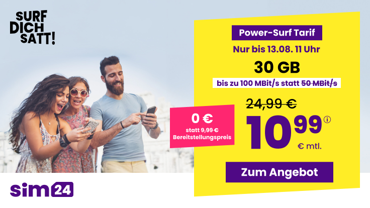 Preistipp 30 GB Tarife: SIM24 30 GB All-In-Flat f�r 10,99 Euro mit mtl. Laufzeit