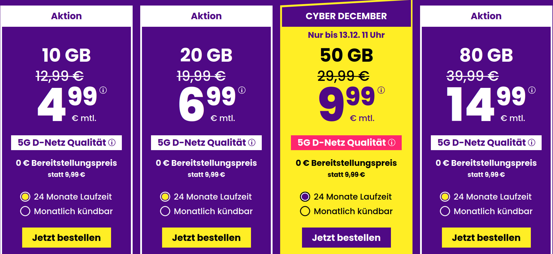 Erfahren Sie mehr �ber die Cyber Dezember 50 GB Tarife f�r nur mtl. 9,99 Euro und wie man auch den Anschlusspreis sparen kann