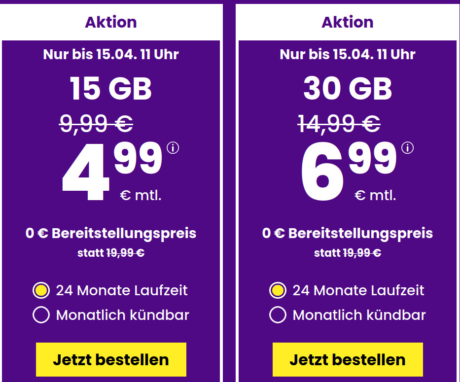 Spartipp 15 GB Tarife: SIM24 15 GB Flat f�r 4,99 Euro mit mtl. Laufzeit
