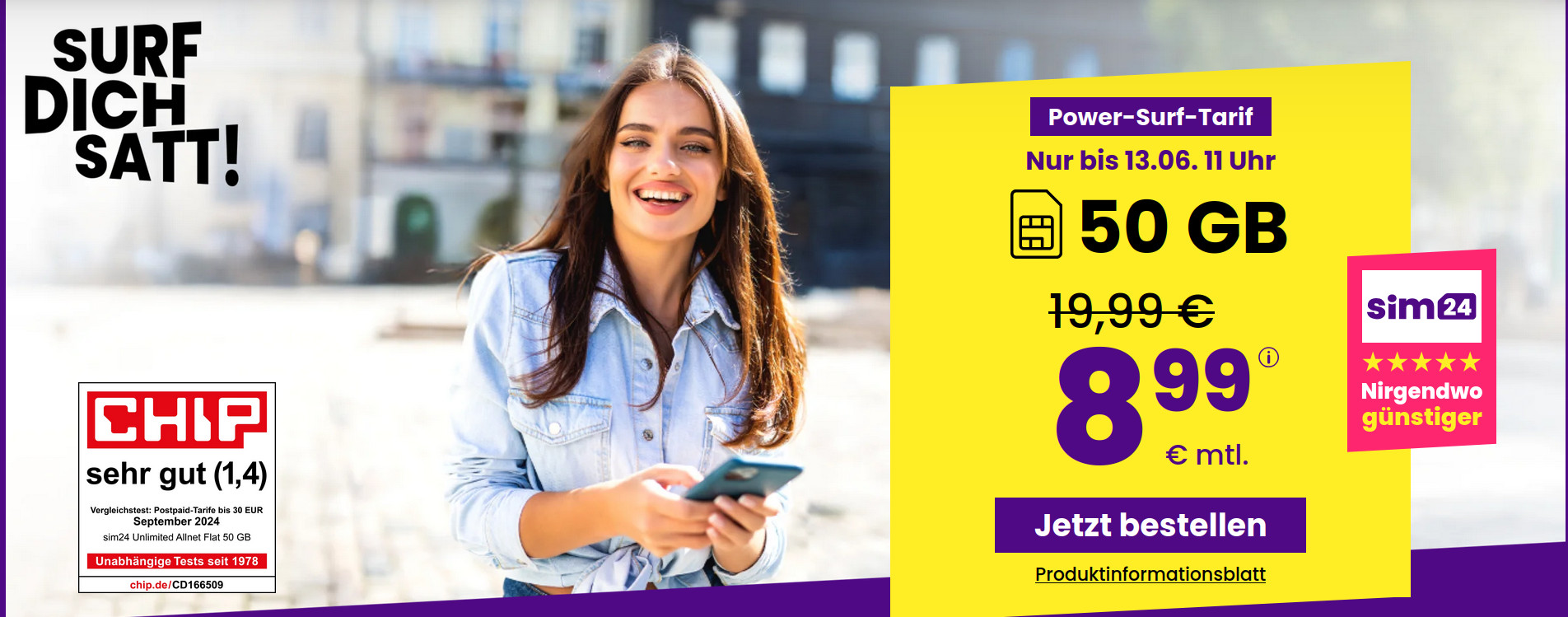 Entdecken Sie die neuen <strong>Handytarife</strong> von <it>sim24</it> - insbesondere den attraktiven <em>50 GB Allnet-Flat Tarif</em> f�r nur <b>8,99 Euro</b>. Erfahren Sie alles �ber die g�nstigen Tarife, modernste 5G-Nutzung und flexible Vertragsmodelle.