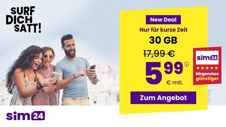 Auch zum Start in den Monat Juni gibt es wieder beim Handydiscounter <strong>SIM24</strong> eine Tarifaktion mit einer 30 GB All-In-Flat f�r unter 6 Euro im 1&1 5G Netz und Vodafone Netz.