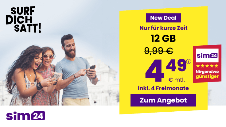 bersicht der aktuellen Sim24 Handytarife: 4 Freimonate fr nur 4,49 Euro im Monat, inklusive 12 GB 5G-Datenvolumen, Allnet-Flat und weiteren attraktiven Tarifoptionen.