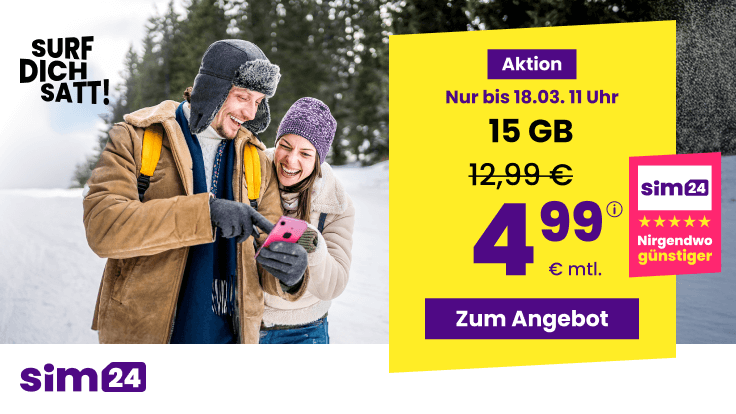 Preiskracher 15 GB Tarife: SIM24 15 GB All-In-Flat f�r mtl. 4,99 Euro