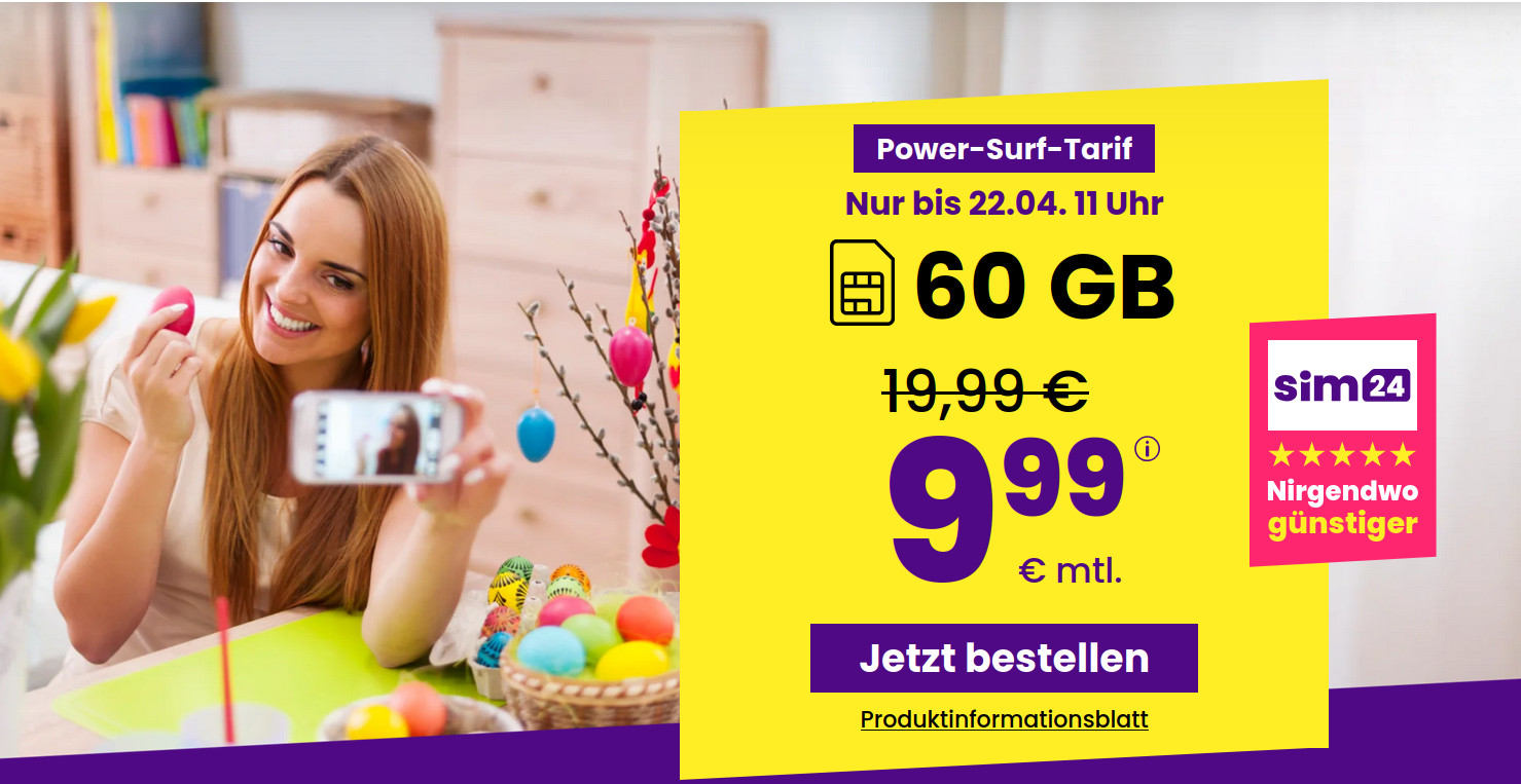 Preishammer 60 GB Tarife: SIM24 60 GB All-In-Flat f�r mtl. 6,99 Euro