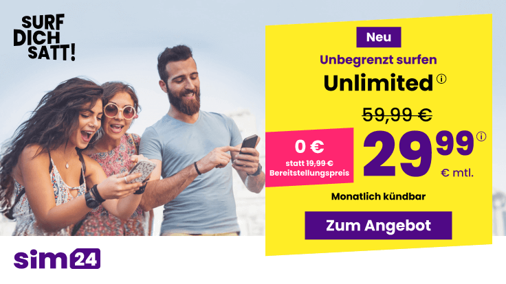 Unlimited Flatrate:; SIM24 Unlimited Allnet-Flat fr 29,99 Euro mit mtl. Laufzeit