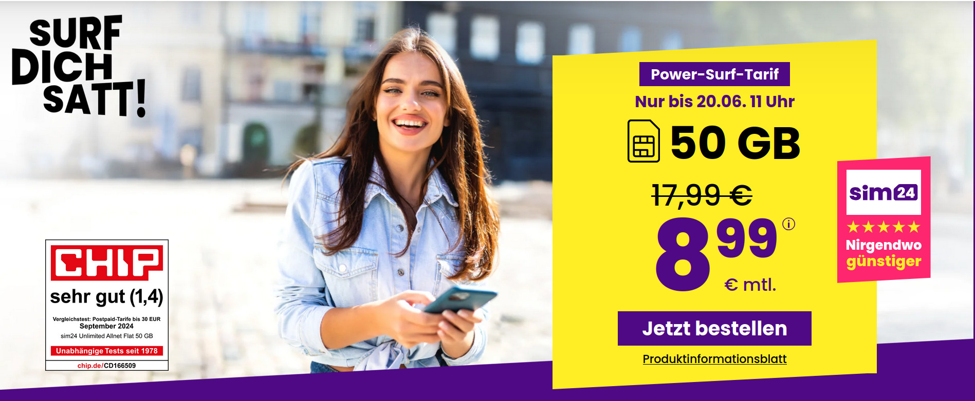 Entdecken Sie die neuen <strong>Handytarife</strong> von <it>sim24</it> - insbesondere den attraktiven <em>50 GB Allnet-Flat Tarif</em> f�r nur <b>8,99 Euro</b>. Erfahren Sie alles �ber die g�nstigen Tarife, modernste 5G-Nutzung und flexible Vertragsmodelle.