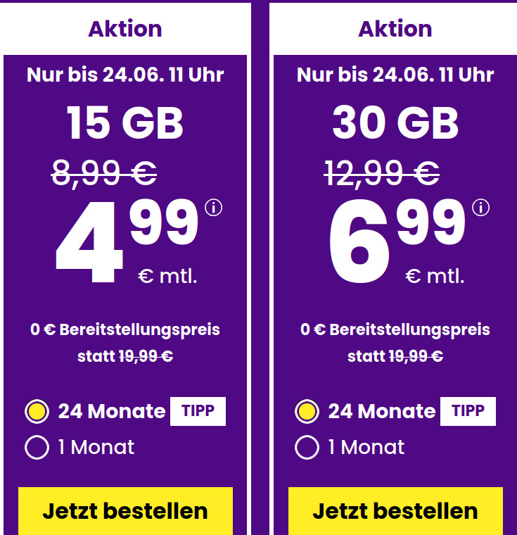 Spartipp 15 GB Tarife: SIM24 15 GB Flat f�r 4,99 Euro mit mtl. Laufzeit