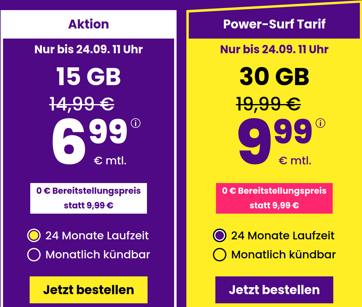 Tariftipp <b>15 GB Tarife</b>: SIM24 15 GB All-In-Flat f�r 6,99 Euro mit mtl. Laufzeit