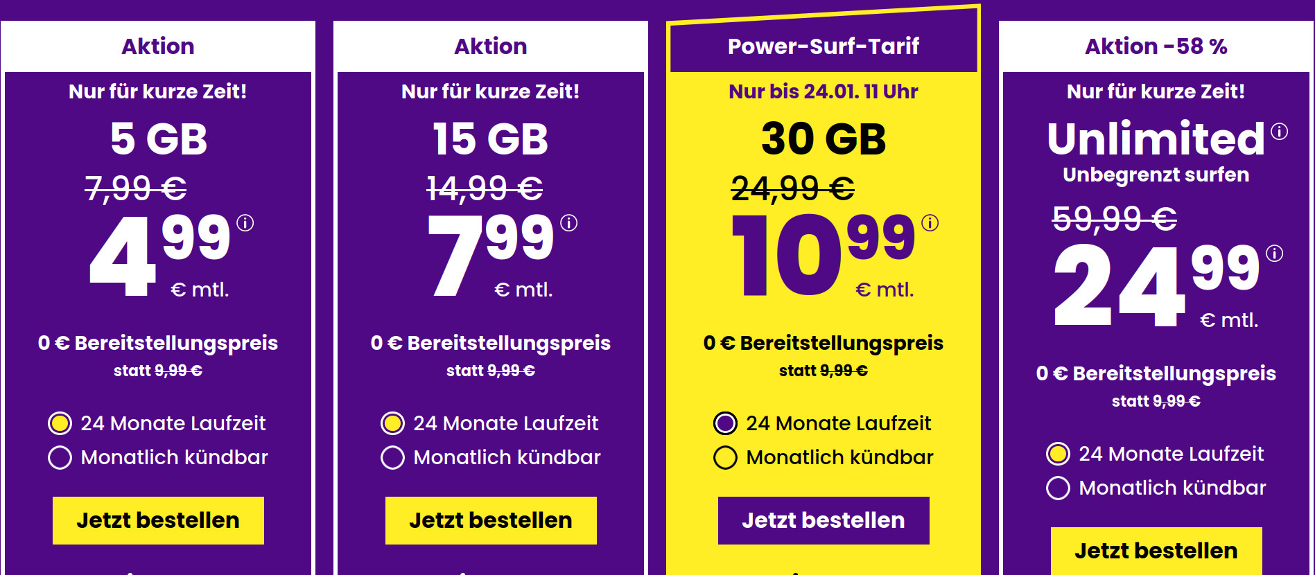 Auch unter der Woche gibt es weiterhin beim Handydiscounter SIM24 eine Tarifaktion mit einer 5 GB All-In-Flat fr unter 5 Euro im 1&1 5G Netz und Vodafone Netz.