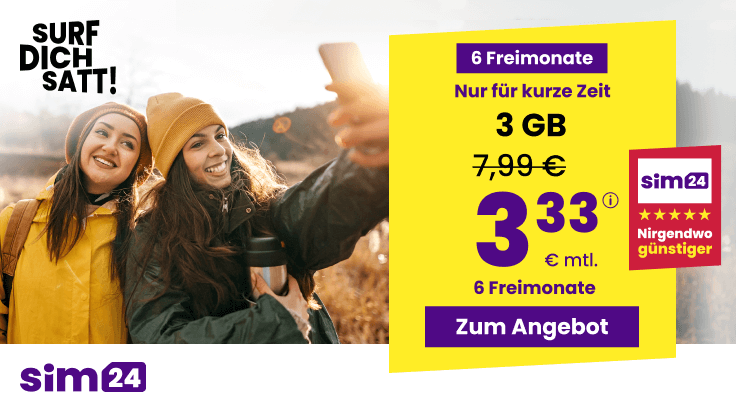 Die sim24 Allnet Flat 3 GB fr nur 3,33 € monatlich ist ein echtes Highlight. Alle Details zu Kosten, Laufzeit, Freimonaten und Vorteilen im berblick.