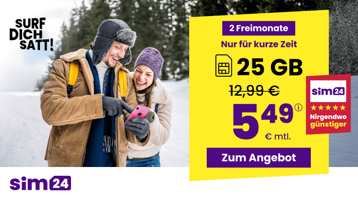 Die sim24 Weihnachtsaktion bietet 5G Allnet Flats mit dauerhaft g�nstigem Preis, inkl. Christmas-Special mit 25 GB f�r effektiv nur 5,03 &euro; im Monat. �berblick �ber alle sim24 Tarife, Konditionen und Vorteile.