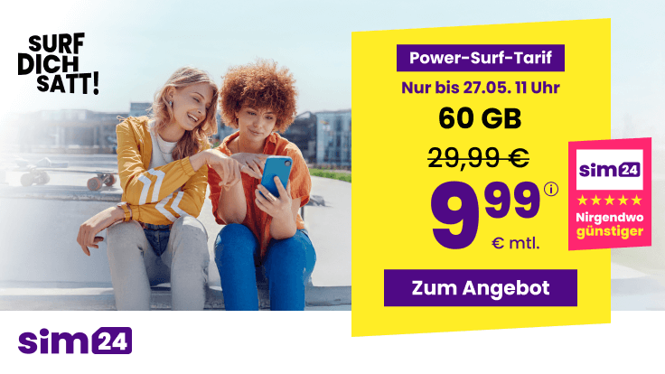 Preishammer 60 GB Tarife: SIM24 60 GB All-In-Flat fr mtl. 6,99 Euro