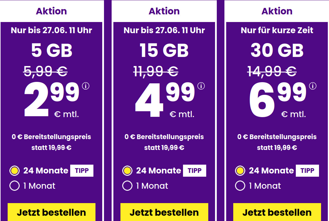 Spartipp 5 GB Tarife: SIM24 15 GB Flat f�r 2,99 Euro mit mtl. Laufzeit