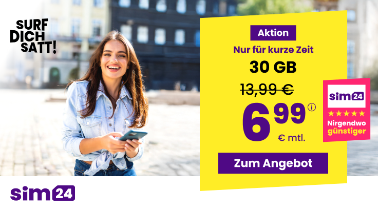 Preishammer 30 GB Tarife: SIM24 30 GB All-In-Flat fr mtl. 6,99 Euro