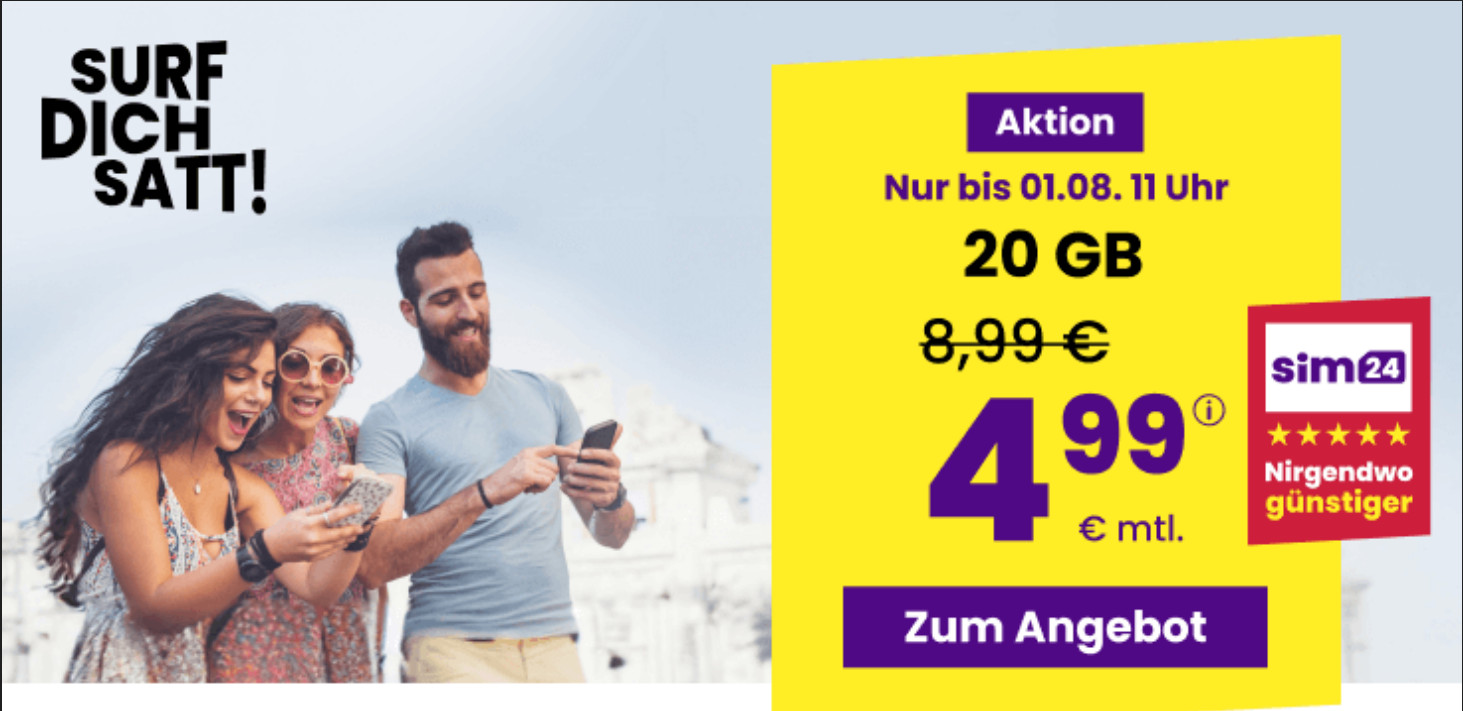Preiskracher 20 GB Tarife: SIM24 20 GB All-In-Flat fr mtl. 4,99 Euro