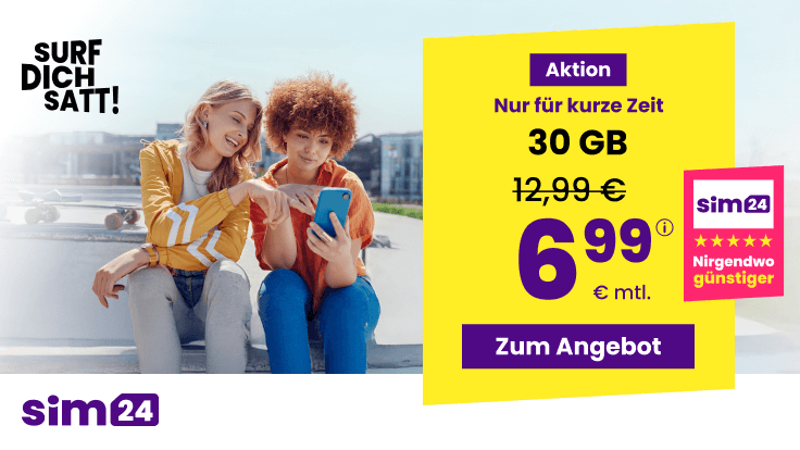 Preishammer 30 GB Tarife: SIM24 30 GB All-In-Flat fr mtl. 6,99 Euro