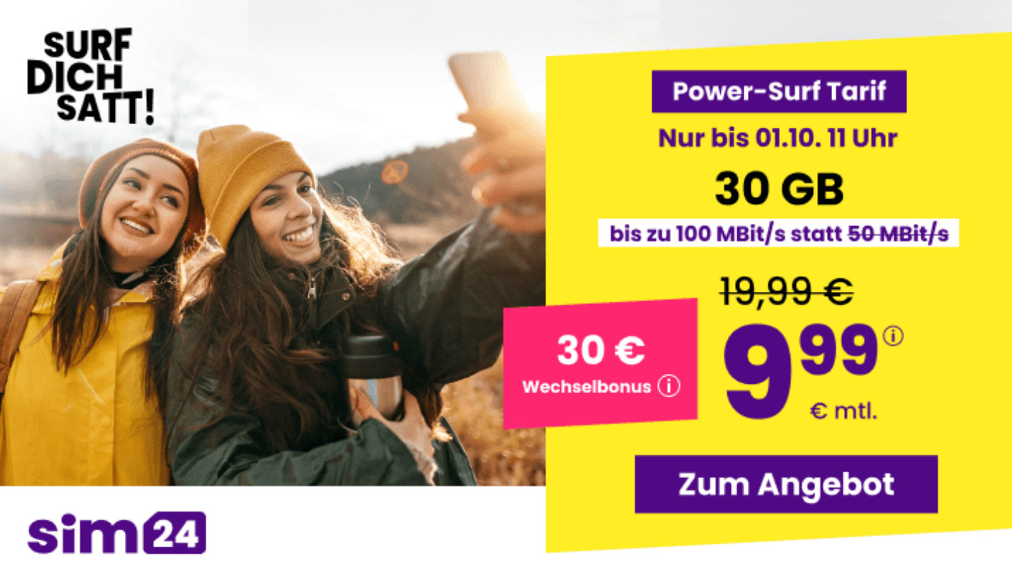 <b>Tariftipp 30 GB Tarife</b>: SIM24 30 GB All-In-Flat fr 9,99 Euro, bis 50 Euro Wechselbonus