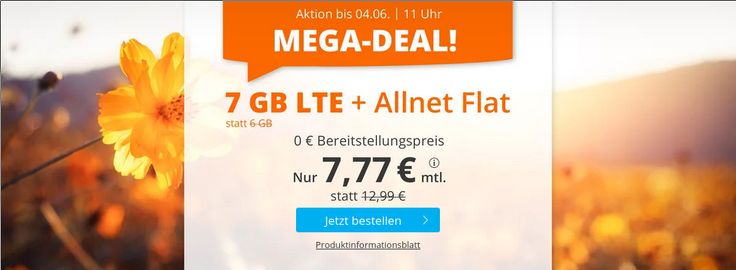 Tariftipp 7 GB Tarife: Sim.de 7 GB LTE All-In-Flat f�r 7,77 Euro ohne Laufzeit, 5 Euro sparen