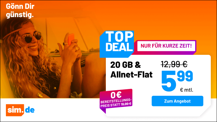 Preistipp 20 GB Handytarife: Simde 20 GB Allnet-Flat f�r 5,99 Euro mit mtl. Laufzeit