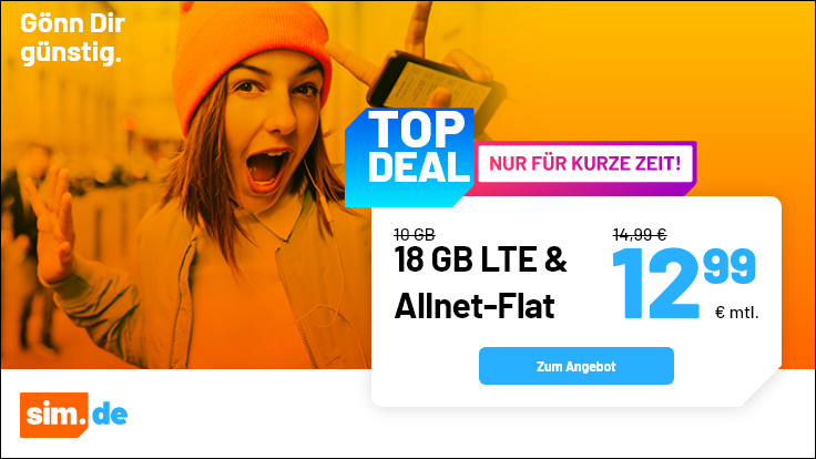 Spartipp 18 GB Tarife: Sim.de 18 GB LTE Allnet-Flat f�r 12,99 Euro mit mtl. Laufzeit