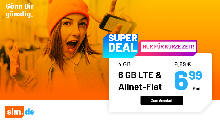 Tariftipp 6 GB Handy-Flatrate Tarife: Sim.de 6 GB LTE All-In-Flat f�r 6,99 Euro ohne Laufzeit