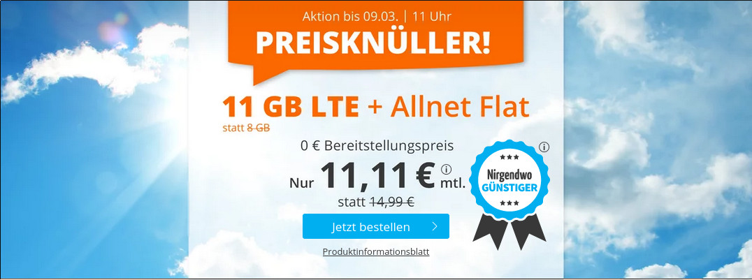 Preistipp LTE Tarife: Sim.de 11 GB LTE All-In-Flat f�r 11,11 Euro ohne Laufzeit