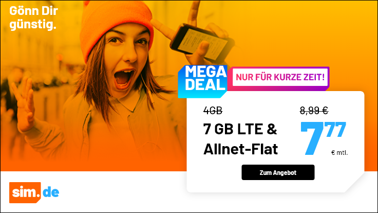 Tariftipp 7 GB Tarife: Sim.de 7 GB LTE All-In-Flat f�r 7,77 Euro ohne Laufzeit, 5 Euro sparen
