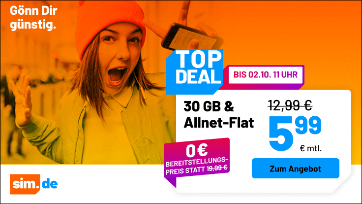 Preistipp 30 GB Handytarife: Simde 30 GB Allnet-Flat fr 5,99 Euro mit mtl. Laufzeit