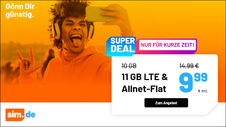Tariftipp 11 GB Tarife: Sim.de 11 GB LTE Allnet-Flat f�r 9,99 Euro ohne Anschlusspreis
