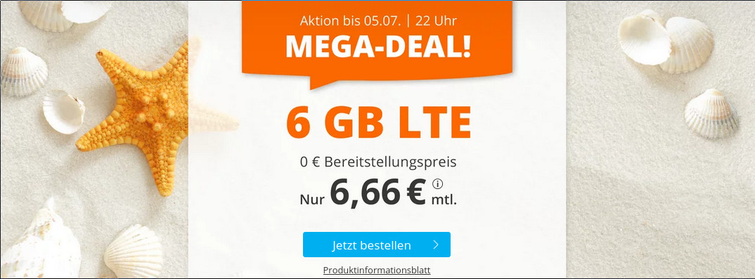 Sommerferien-Tariftipp 6 GB Tarife: Sim.de 6 GB LTE All-Net-Flat f�r 6,66 Euro ohne Laufzeit