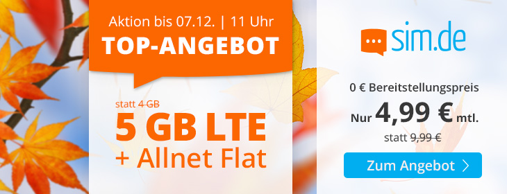 Winter-Deal: Sim.de 5 GB LTE All-In-Flat f�r 4,99 Euro ohne Laufzeit, 5 Euro sparen