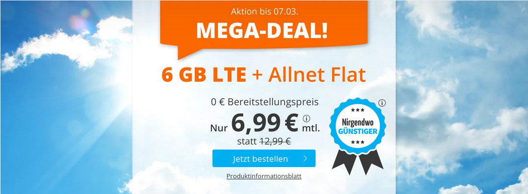 Spartipp 6 GB Tarife: Sim.de 6 GB LTE All-In-Flat f�r 6,99 Euro ohne Laufzeit --6 Euro sparen