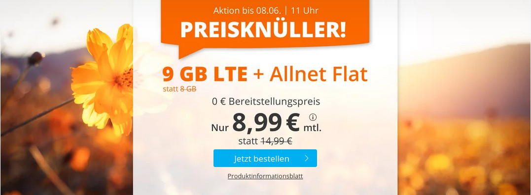 Tariftipp 9 GB Tarife: Sim.de 9 GB LTE All-In-Flat f�r 8,99 Euro ohne Laufzeit, 6 Euro sparen