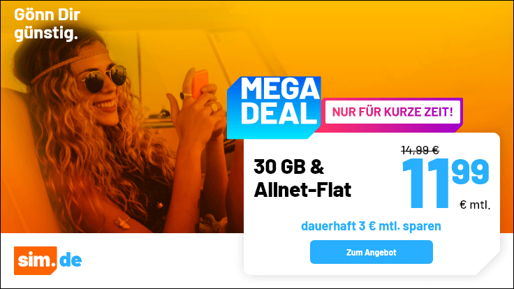 Tarifpower 30 GB Handy-Flatrate Tarife: Sim.de 30 GB LTE Allnet-Flat f�r 11,99 Euro mit mtl. Laufzeit