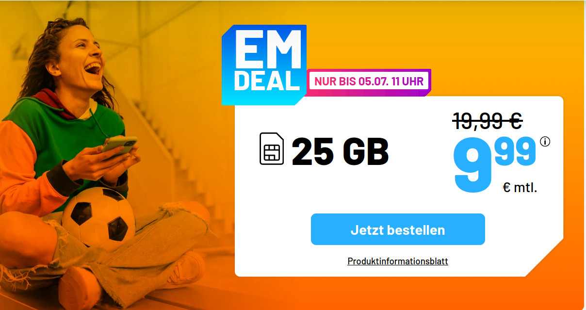 Fussball EM 2024 Tarife: Simde 25 GB Allnet-Flat f�r 9,99 Euro mit mtl. Laufzeit