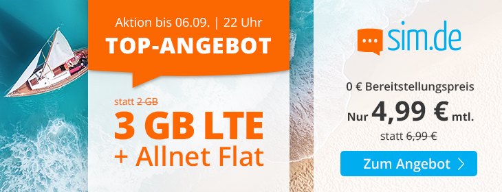 Preistipp 3 GB Tarife: Sim.de 3 GB LTE Allnet-Flat f�r 4,99 Euro ohne Laufzeit