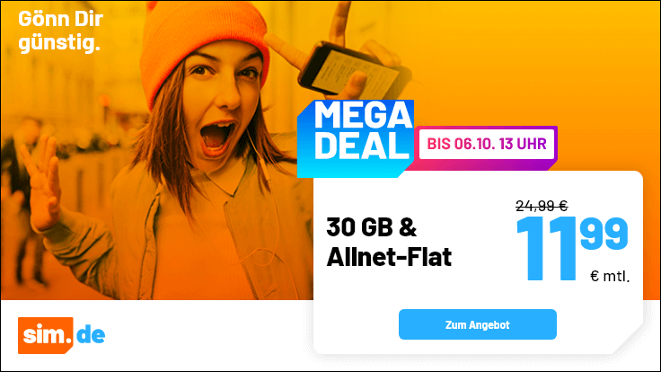 Tarifpower 30 GB Handy-Flatrate Tarife: Sim.de 30 GB LTE Allnet-Flat f�r 11,99 Euro mit mtl. Laufzeit