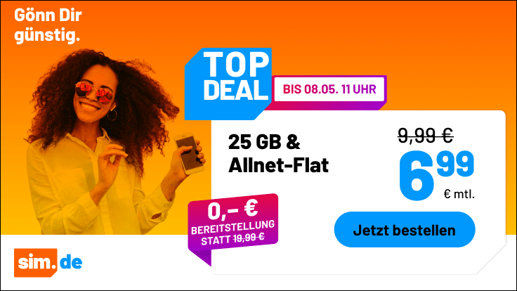 25 GB f�r nur 6,99 Euro: sim.de startet neue 5G-Allnet-Flat zum Kampfpreis. Lohnt sich der g�nstige Tarif wirklich? Jetzt alle Details und Vergleich lesen.
