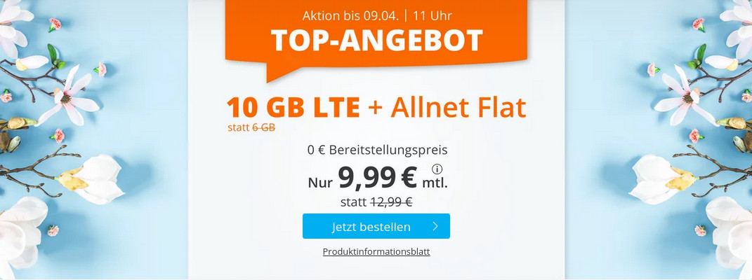 Tariftipp 10 GB Tarife: Sim.de 10 GB LTE All-In-Flat f�r 9,99 Euro ohne Laufzeit, 5 Euro sparen