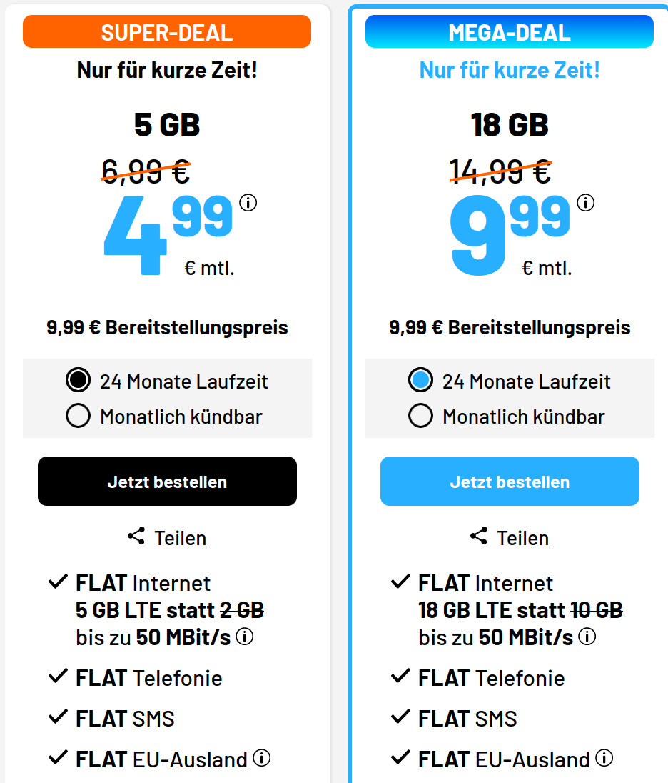 Sommer-Deal 5 GB Tarife: Sim.de 5 GB LTE Allnet-Flat f�r 4,99 Euro ohne Laufzeit