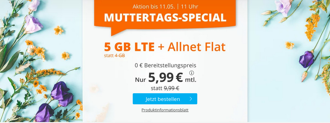 Muttertags-Deal: Sim.de 5 GB LTE All-In-Flat f�r 5,99 Euro ohne Laufzeit, 4 Euro sparen