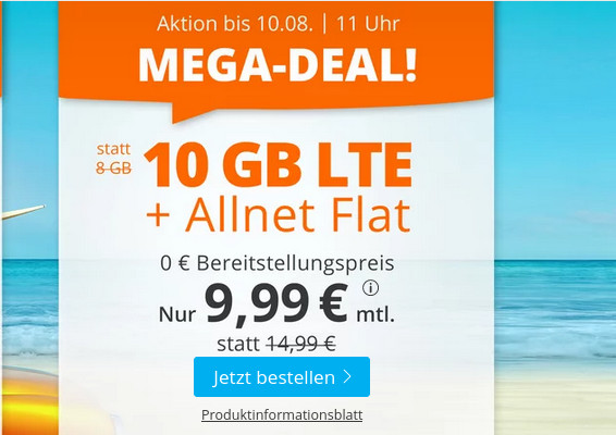 Preisvergleich 10 GB Tarife: Die besten 10 GB Allnet-Flat Tarife zum August Wochenende ab 9,99 Euro
