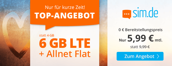 Advents-Deal: Sim.de 6 GB LTE All-In-Flat f�r 5,99 Euro ohne Laufzeit, 4 Euro sparen