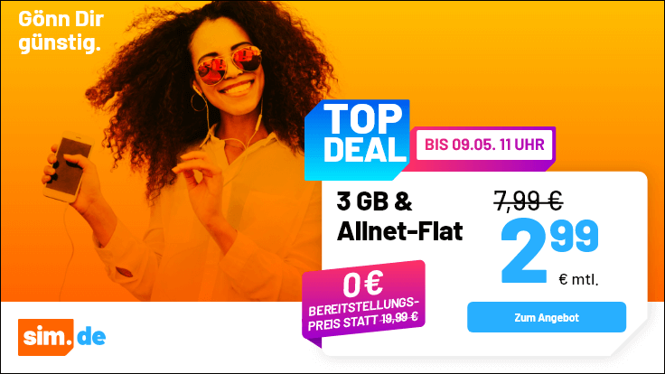 Ab sofort gibt es wieder die Handytarife vom Handydiscounter Sim.de mit einem tollen <em>Tariftipp bei den 3 GB Tarifen </em> f�r unsere Leser im im 1&1 5G Netz und Vodafone Netz (Drillisch).