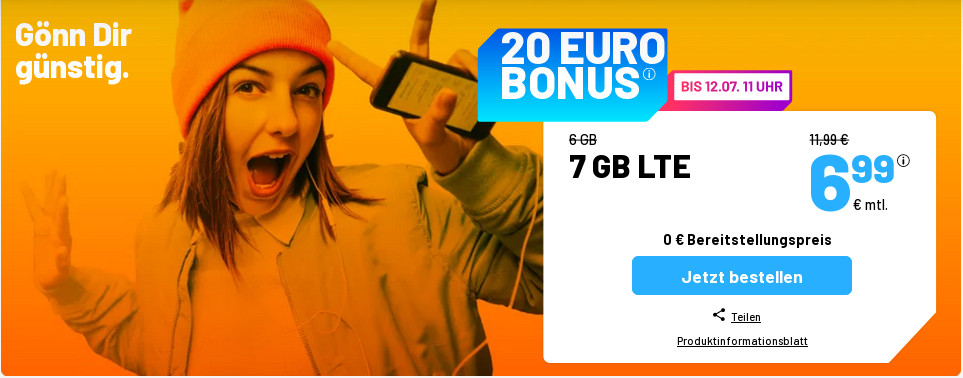 Tariftipp 7 GB Handytarife: Sim.de 7 GB LTE Allnet-Flat f�r 6,99 Euro plus 20 Euro Wechselbonus
