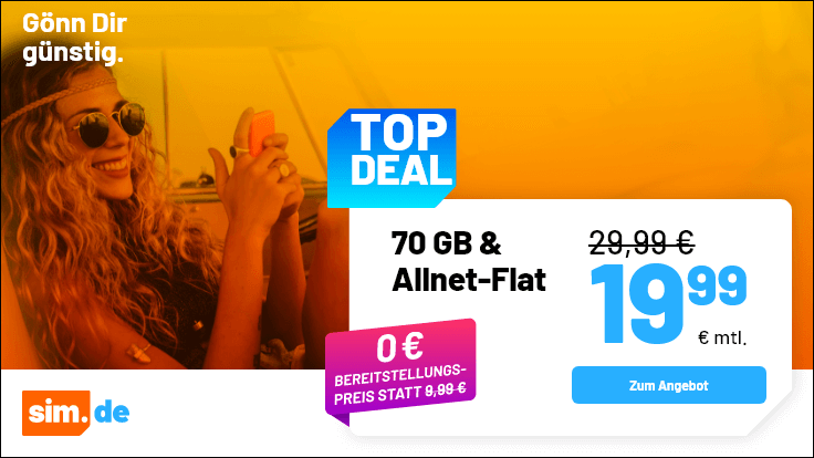 70 GB Tarif-Power: Simde 70 GB All-In-Flat f�r 19,99 Euro ohne Anschlusspreis