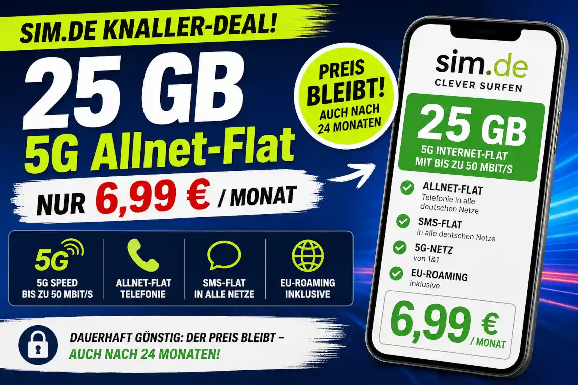 sim.de bietet 25 GB 5G f�r 6,99 Euro im Monat. Allnet-Flat, 50 MBit/s und ein Preis, der laut Anbieter auch nach 24 Monaten bleibt