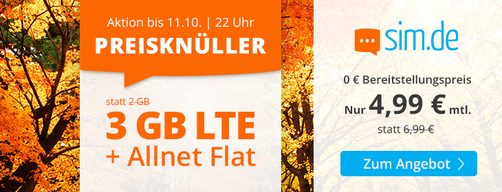 Preistipp 3 GB Tarife: Sim.de 3 GB LTE Allnet-Flat f�r 4,99 Euro ohne Laufzeit